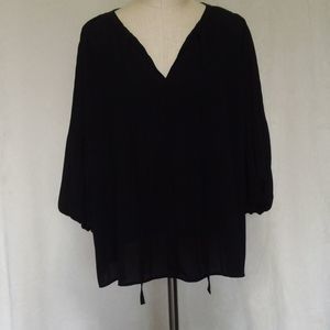 Ann Taylor Pleated Airy Black Balloon Sleeve Tunic Tie Front V Neck Blouse EUC S